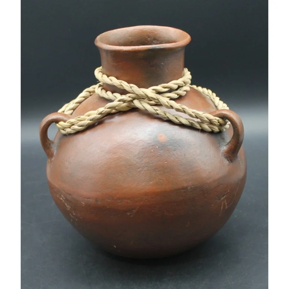Vintage Handcrafted Earthenware Pottery Olla Vase Rustic Folk Art Vessel Brown